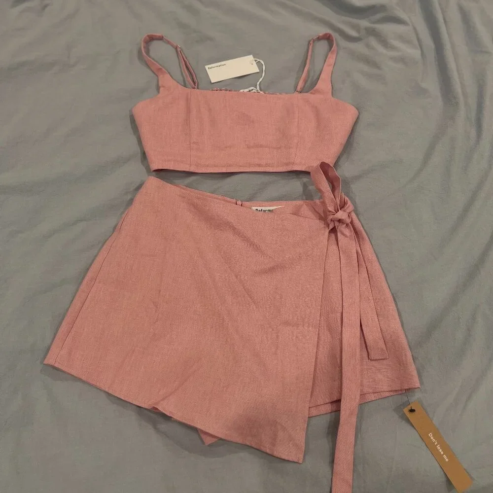NWT Reformation France Linen Two Piece Set in Babygirl (Pink)